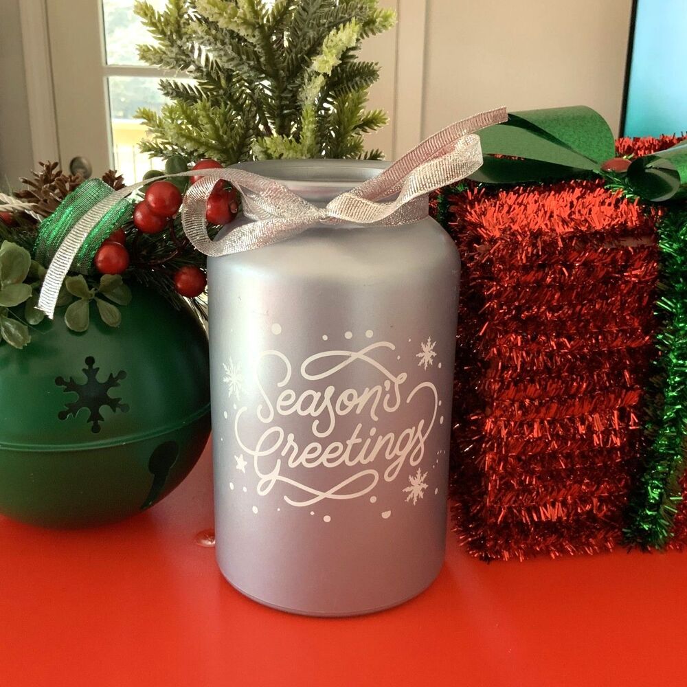 Silver Decorative Glass Seasons Greetings Jar With Bow